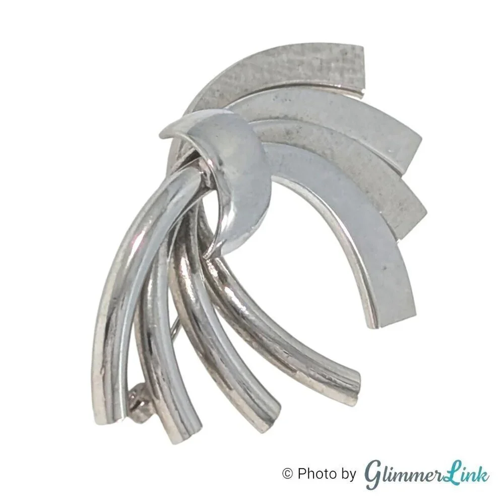 Vintage Modernist Bow Ribbon Arched Silver Tone Brooch Pin